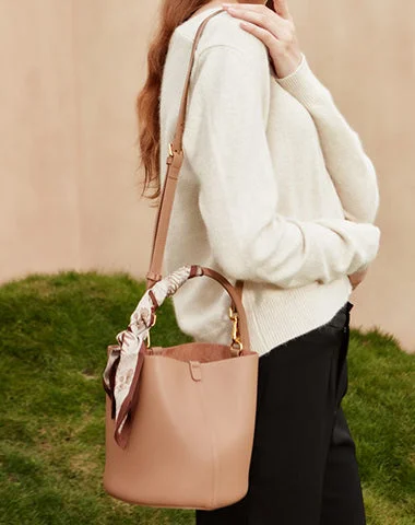 Ladies Bucket Bag Casual Style -Cute Womens Khaki Round Leather Handbag Barrel Crossbody Purse Bucket Shoulder Bag for Women