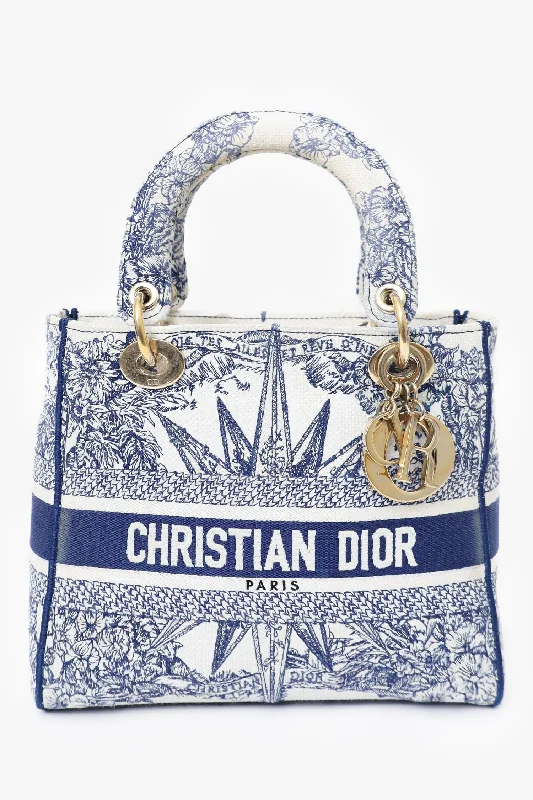 Ladies Handbag Minimalist Style -Christian Dior 2022 Blue/White Toile de Jouy 'Lady D-Lite' Top Handle with Strap