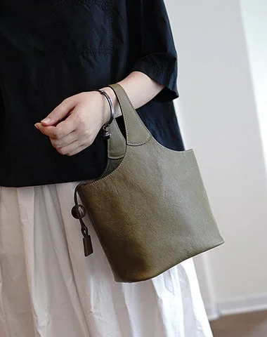 Ladies Bucket Bag Everyday Chic -Vintage Green Leather Small Bucket Handbag Women Handmade Small Barrel Bag for Women