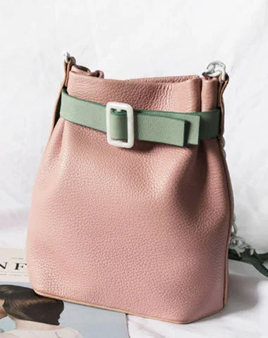 Ladies Bucket Bag Sleek Finish -Stylish Leather Pink Chain Womens Bucket Purse Crossbody Bag Barrel Shoulder Bag for Women