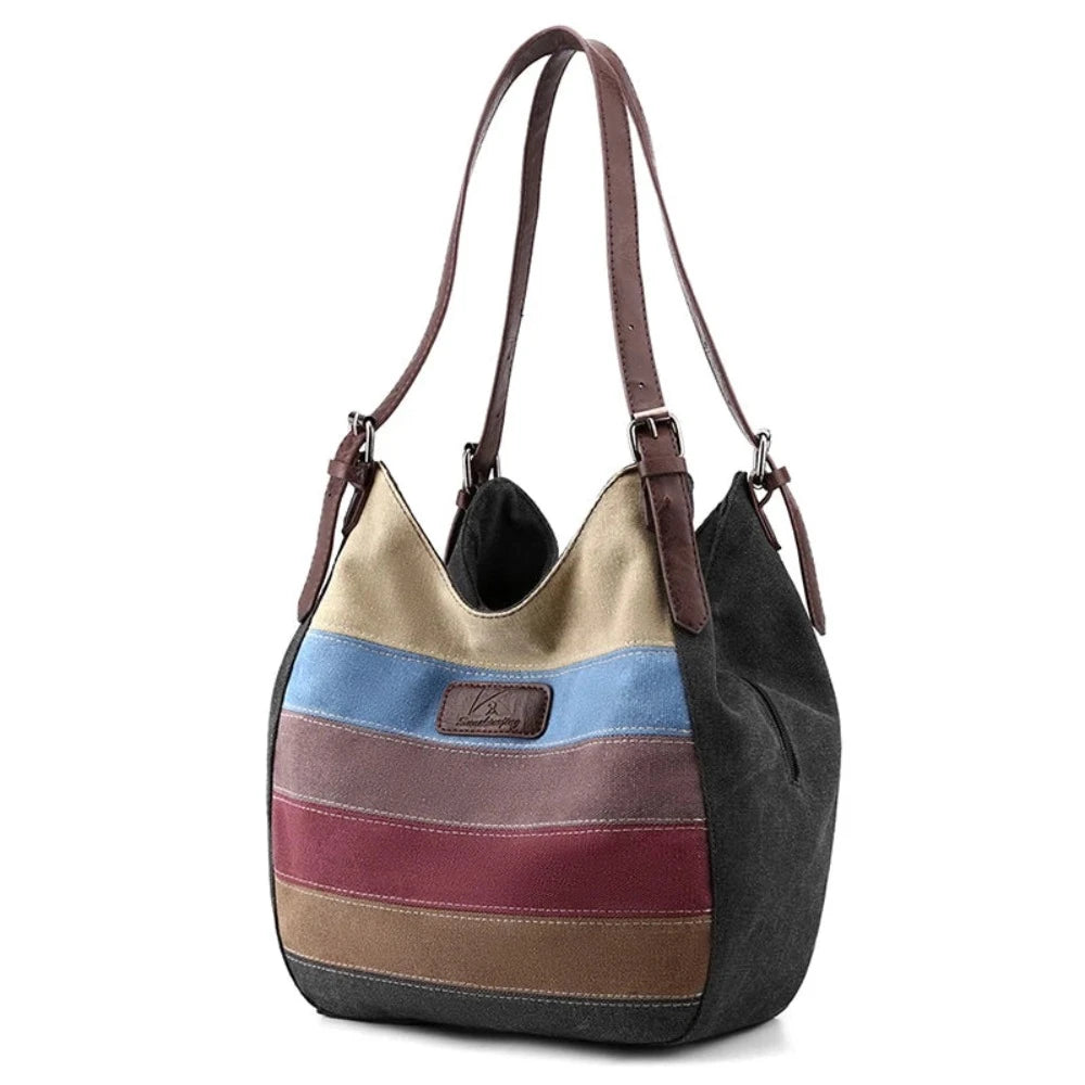 Women's Stripe Spliced Canvas Patchwork Handbag