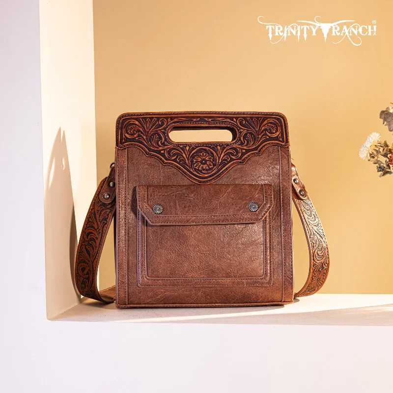 Ladies Handbag Simple Chic -TR173G-9360  Trinity Ranch Floral Tooled  Concealed Carry Crossbody Bag - Brown