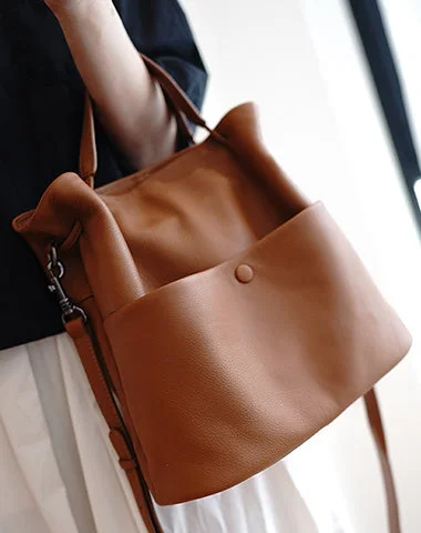 Ladies Bucket Bag Trendy Straps -Cute Tan Leather Bucket Tote Shoulder Bag Women Barrel Tote Handbag for Women