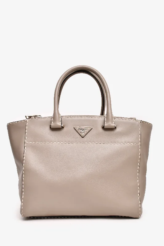 Ladies Handbag Travel Style -Prada Grey Leather Contrast Stitch Twin Pocket Tote With Strap