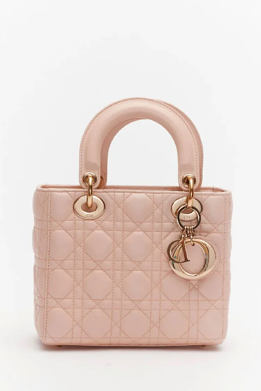 Ladies Handbag Bright Patterns -Christian Dior Pink Lambskin Cannage Mini Lady Dior Top Handle