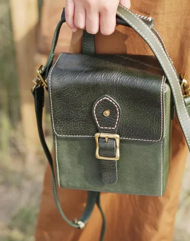 Ladies Bucket Bag Trendy Straps -Vintage Womens Green Leather Satchel Small Handbag Bucket Shoulder Bag Brown Box Bags Purses