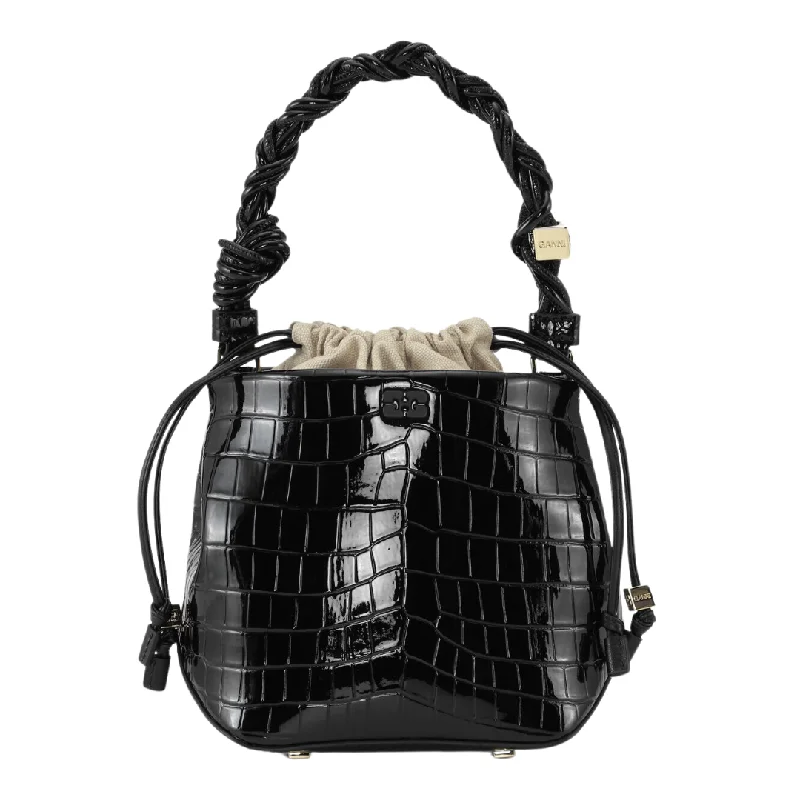 Ladies Bucket Bag Soft Leather -Bou Bucket Bag Patent Croco (Black)