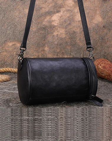 Ladies Bucket Bag Sleek Canvas -Womens Black Gray Leather Barrel Shoulder Bag Purse Vintage Round Handbag Bucket Crossbody Purse for Women