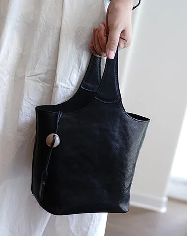 Ladies Bucket Bag Multi Compartment -Vintage Black Leather Small Bucket Handbag Women Handmade Small Barrel Bag for Women