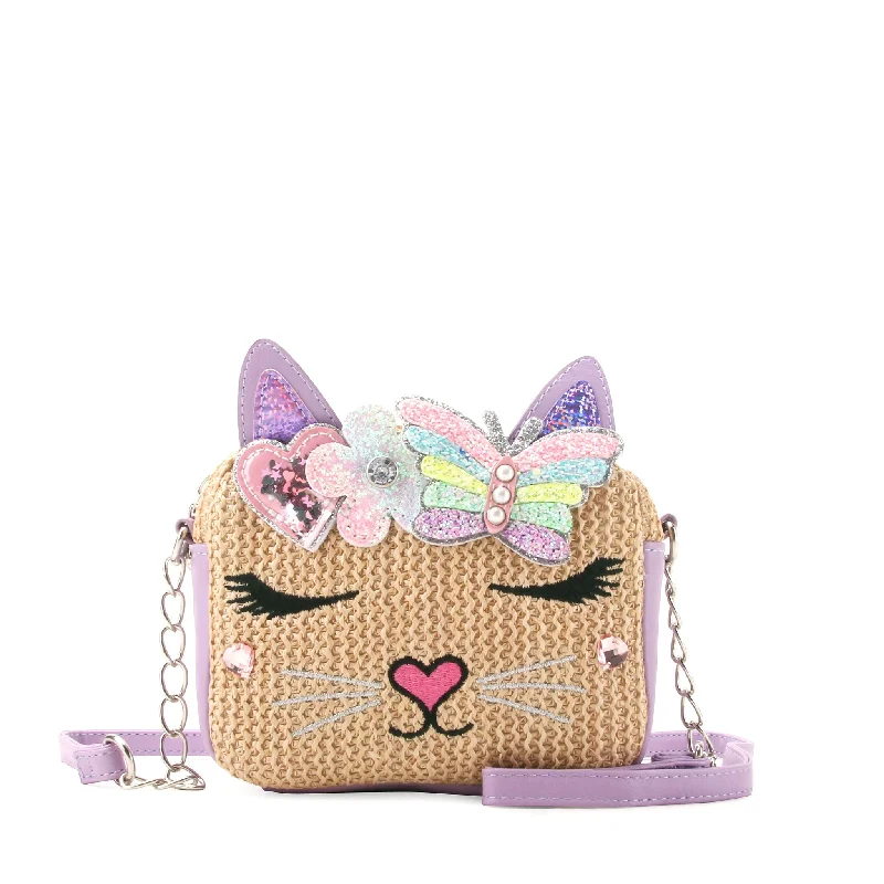 Ladies' crossbody bag brand -Bella Kitty Cat Straw Crossbody Bag