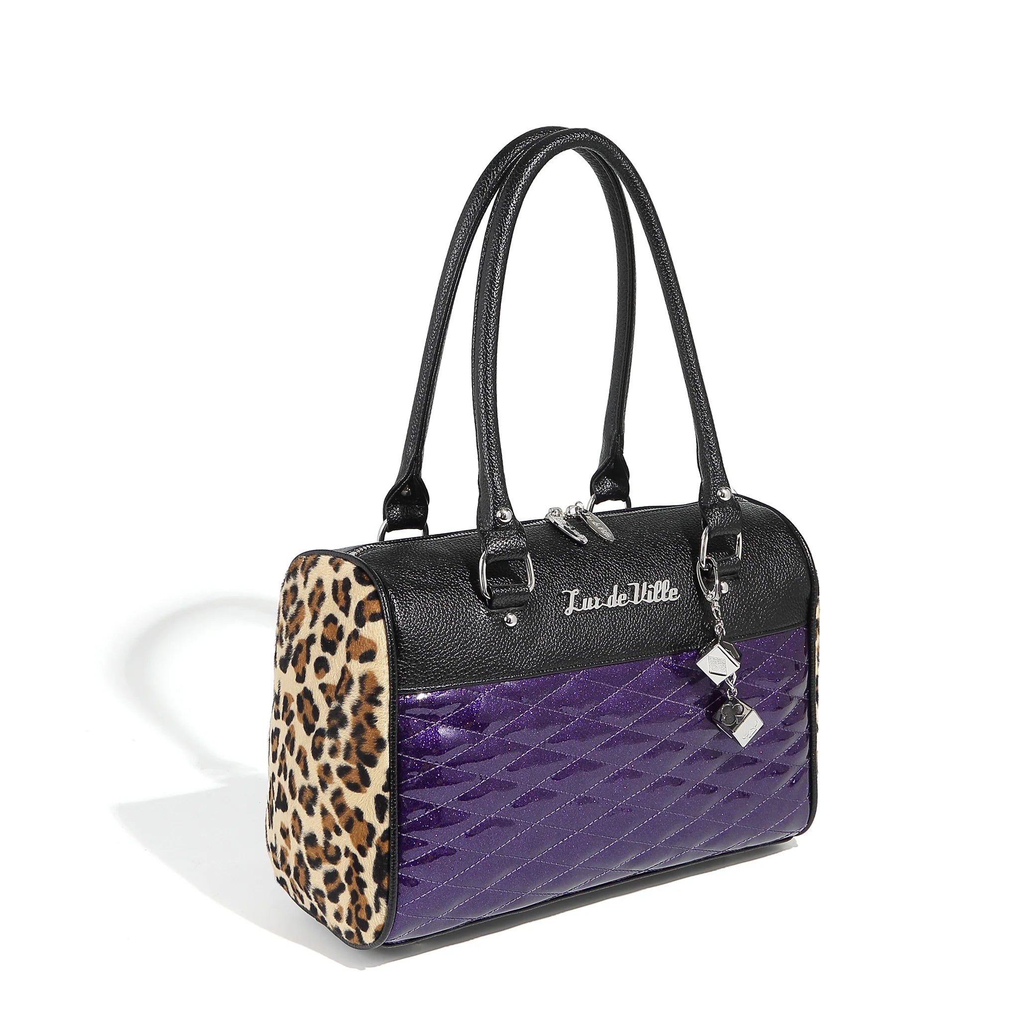 Ladies Tote Bag Retro Canvas -Purple Sparkle & Leopard Atomic Tote Medium