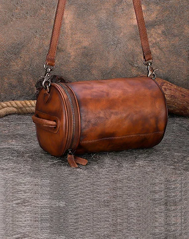 Ladies Bucket Bag Subtle Leather -Womens Brown Leather Barrel Shoulder Bag Purse Vintage Round Handbag Bucket Crossbody Purse for Women