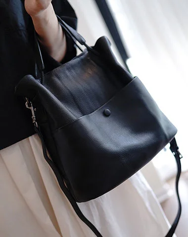 Ladies Bucket Bag Drawstring Closure -Cute Black Leather Bucket Tote Shoulder Bag Women Barrel Tote Handbag for Women