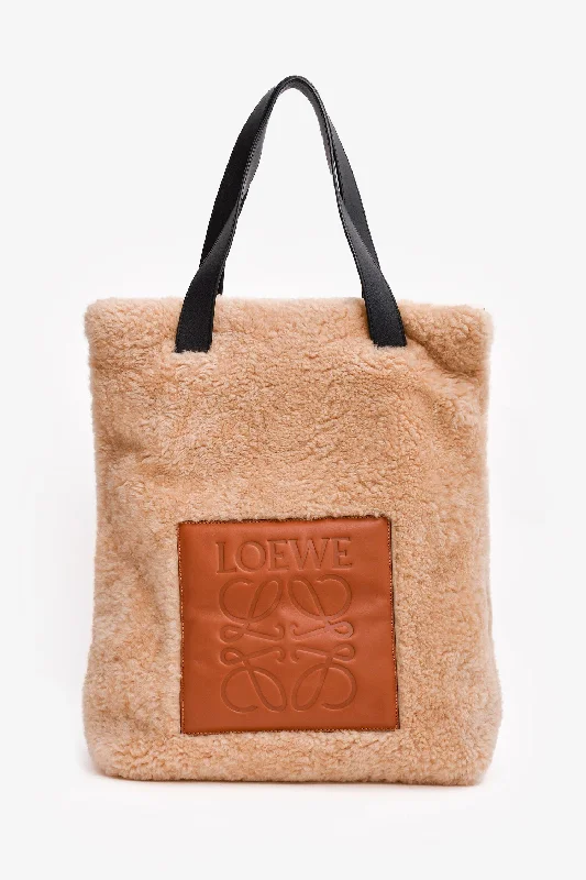 Ladies Handbag Everyday Use -Loewe Beige Teddy Brown Leather 'Mouton' Anagram Tote