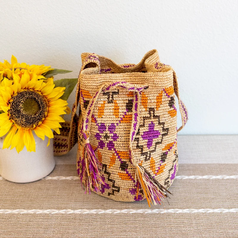 Ladies Bucket Bag Handmade Craft -Elena Handbags Women's Raffia Straw Pink Wayuu Crossbody Bucket Bag