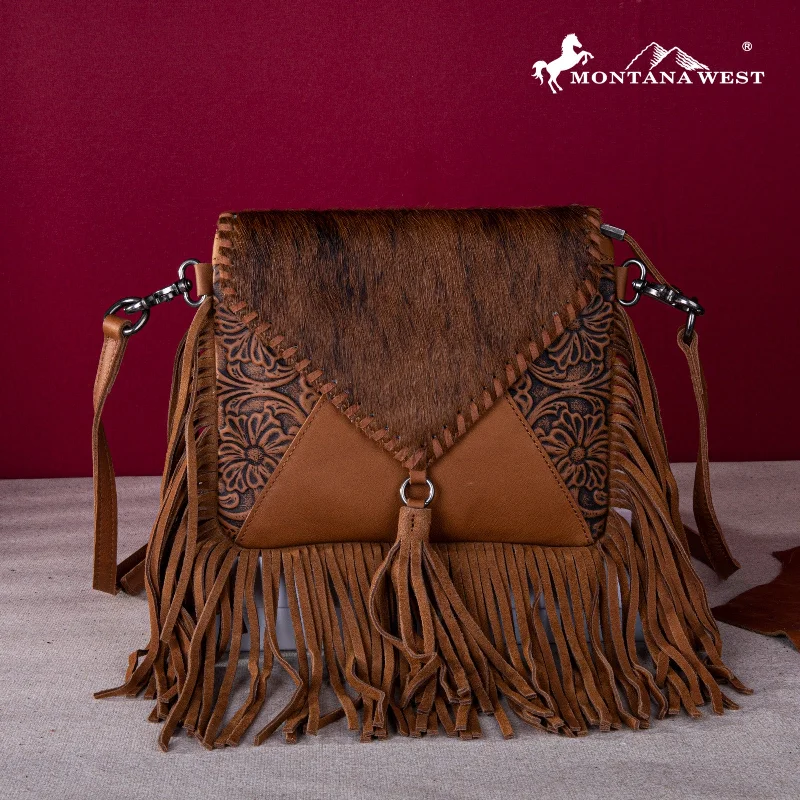 Ladies Handbag Soft Suede -MWR-064 Montana West Genuine Leather Hair-On Cowhide Fringe Bohemian Crossbody - Brown