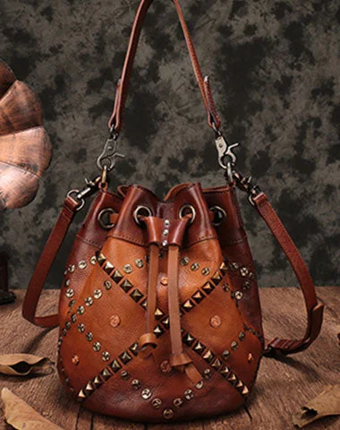 Ladies Bucket Bag Vintage Charm -Vintage Leather Brown Bucket Handbag Shoulder Bag Purple Barrel Purse For Women