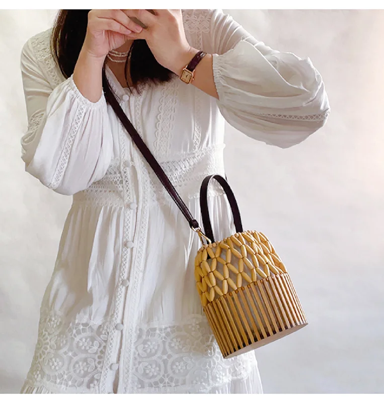 Ladies Bucket Bag Daily Carry -Elena Handbags Summer Bamboo Bucket Shoulder Purse