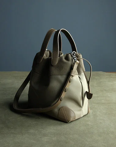 Ladies Bucket Bag Lightweight Style -Small Womens Khaki Nylon Leather Bucket Handbag Purse Nylon Leather Barrel Shoulder Bag Handbag Purse for Ladies