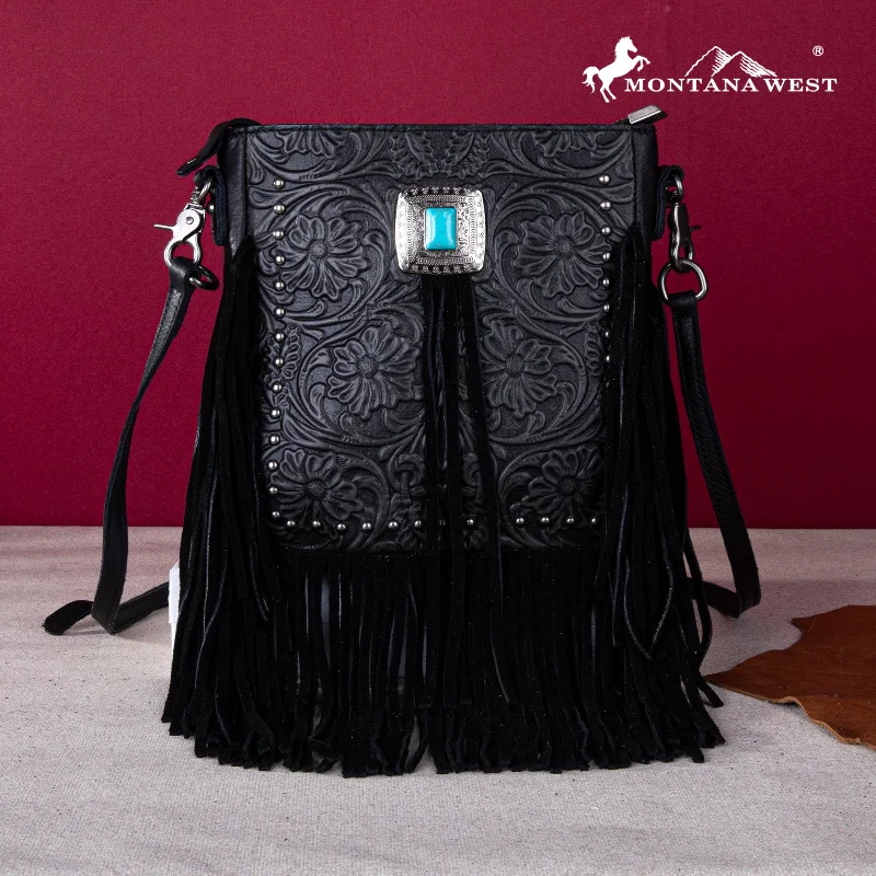 Ladies Handbag Everyday Chic -MWR-062 Montana West Genuine Leather Tooled Silver Turquoise Concho Fringe Crossbody - Black