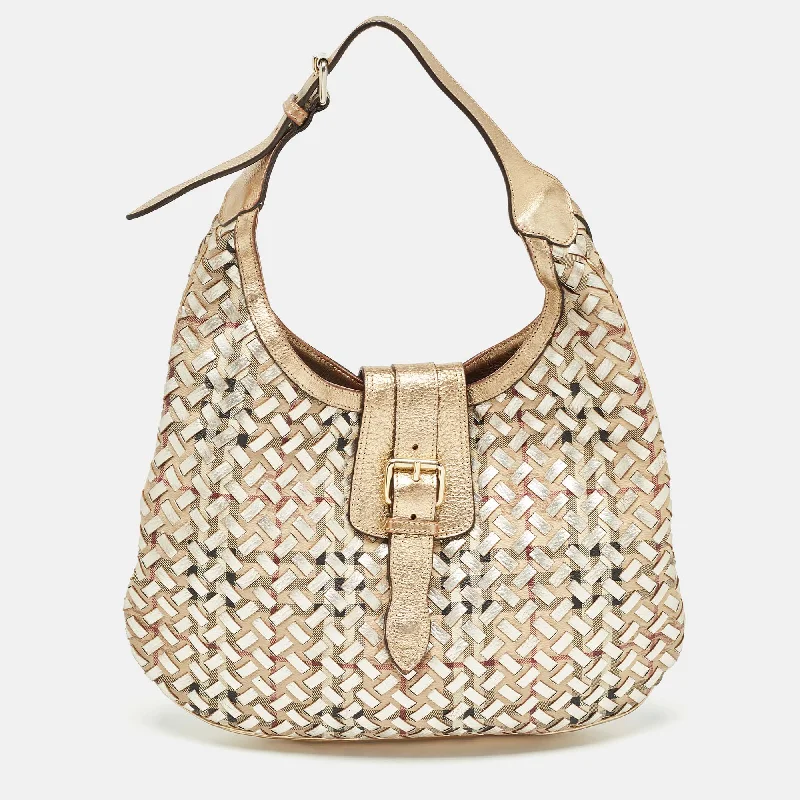 Ladies' dumpling bag top favorite -BURBERRY Gold/Beige Haymarket Check PVC and Leather Woven Brooke Hobo