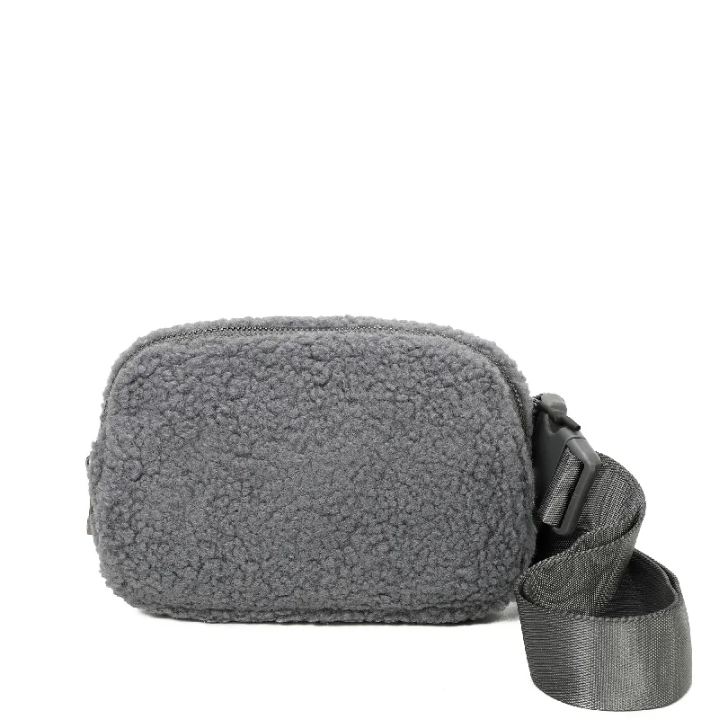 Ladies' crossbody bag material -Billie's Fuzzy Faux Fur Nylon Bum Fanny Bag - Grey