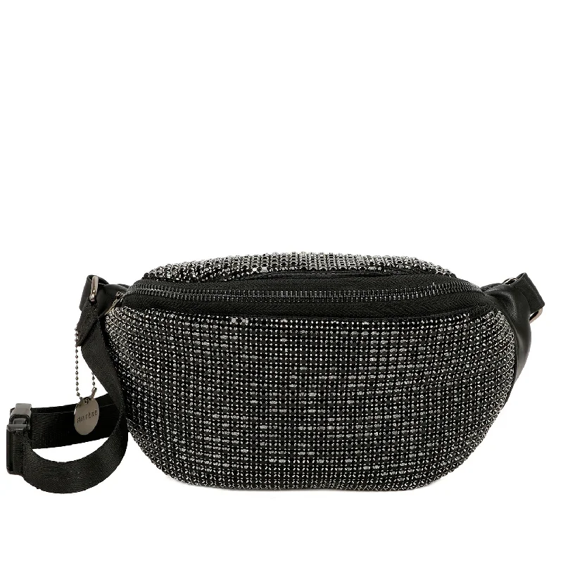 Ladies' crossbody bag affordable -Tatiana Vegan Leather Faux Black Diamond Studs Belt Bum Bag - Black