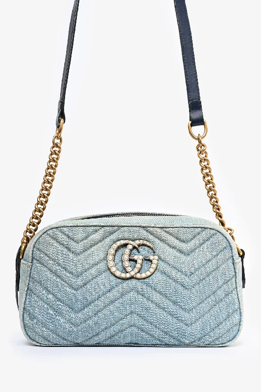 Ladies Handbag Compact Canvas -Gucci Blue Denim Pearly GG Small Marmont Camera Bag