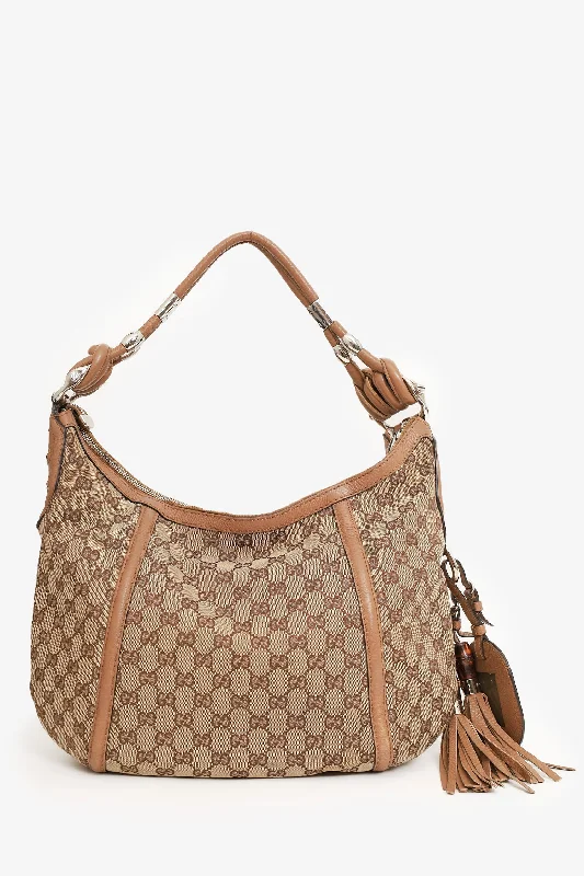 Ladies Handbag Bold Canvas -Gucci Beige/Camel GG Canvas Medium Techno Horsebit Hobo Bag