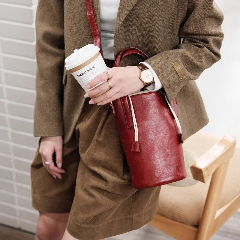 Ladies Bucket Bag Eco Style -Vintage Women's Leather Drawstring Bucket Bag Leather Crossbody Purse