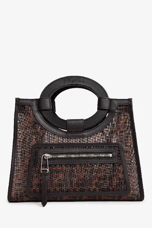 Ladies Handbag Daily Essential -Fendi Brown Mesh Small FF 1974 Runaway Shopper Tote with Strap