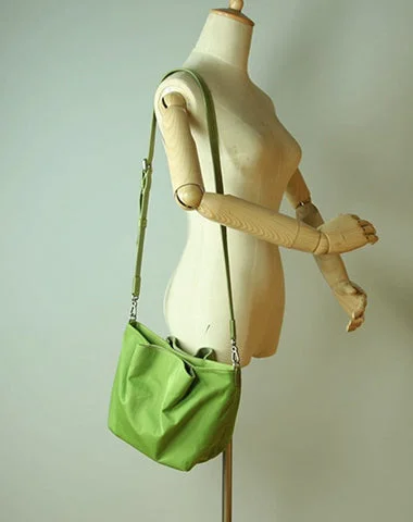 Ladies Bucket Bag Trendy Straps -Small Womens Green Nylon Leather Crossbody Handbag Purse Bucket Green Nylon Shoulder Bag Purse for Ladies