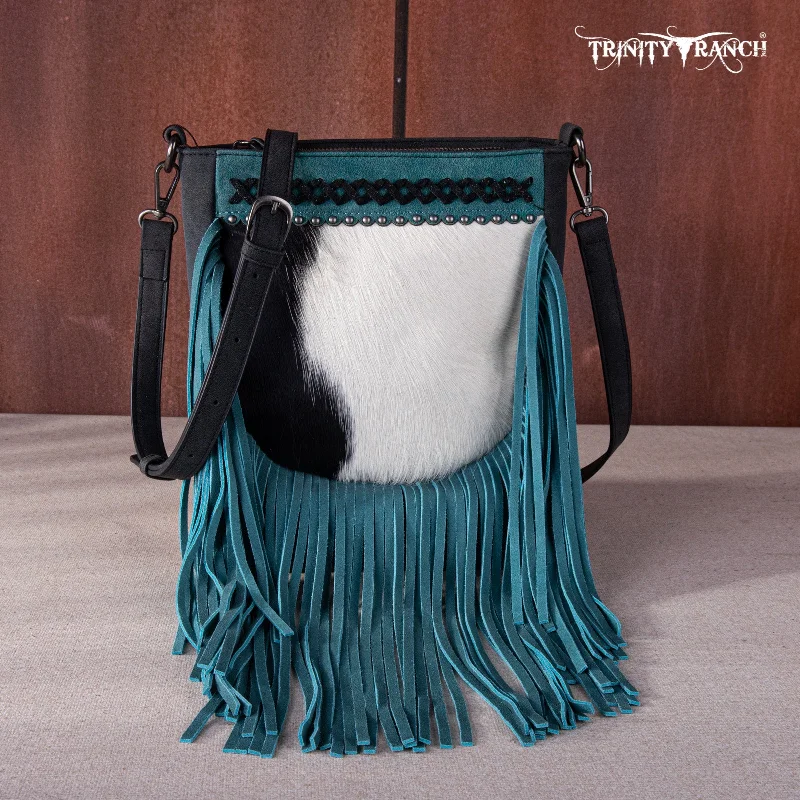 Ladies Handbag Casual Canvas -TR171-8360  Trinity Ranch Hair-On Cowhide Fringe Crossbody Bag -Black