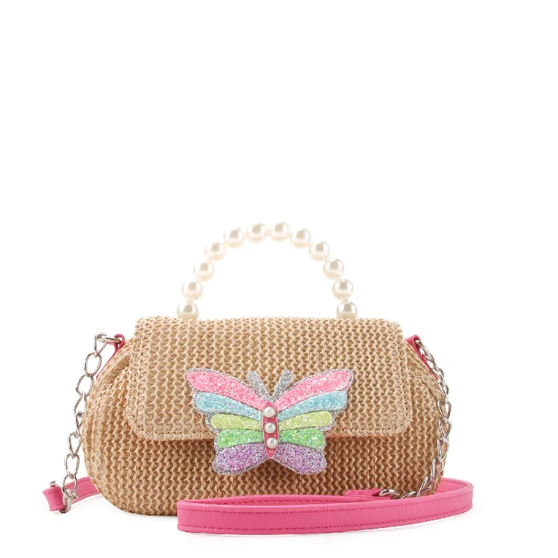 Ladies' crossbody bag longevity -Butterfly Straw Pearl Top Handle Crossbody Bag