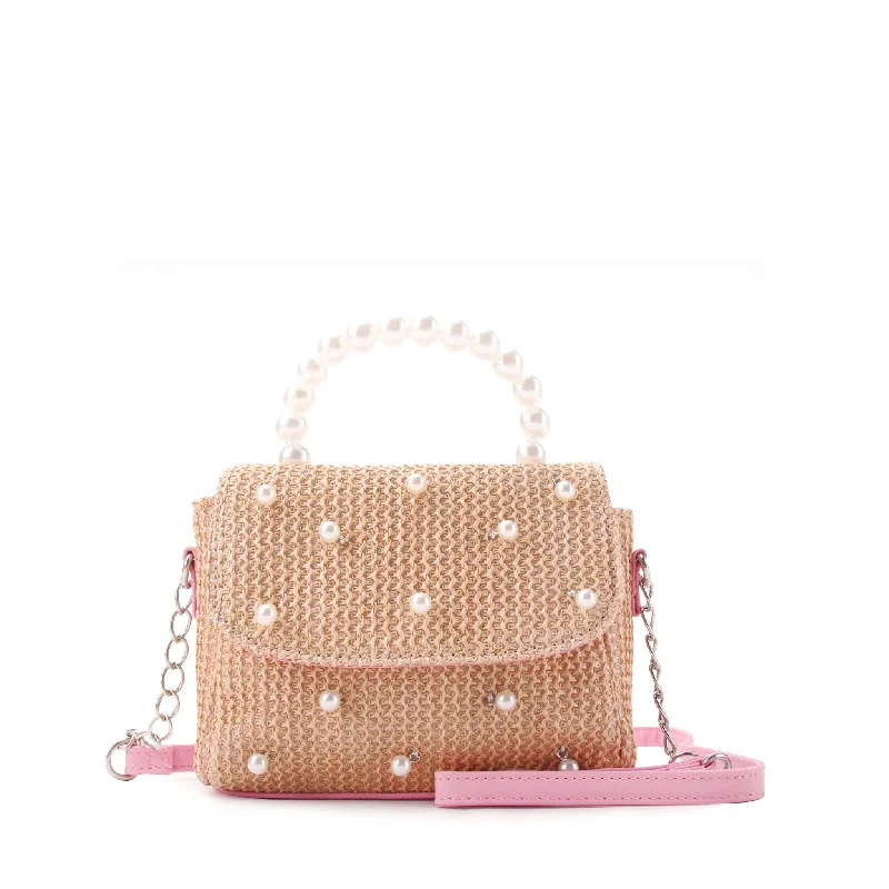 Ladies' crossbody bag sophisticated -Straw Pearl Handle Crossbody Bag