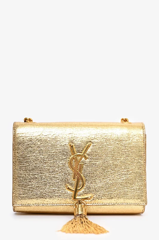 Ladies Handbag Evening Out -Saint Laurent Gold Metallic Leather Kate Tassel Chain Small Crossbody