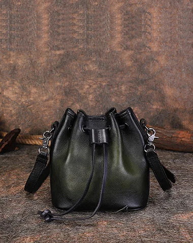 Ladies Bucket Bag Trendy Canvas -Womens Green Leather Barrel Crossbody Bag Purse Vintage Round Bucket Shoulder Bag for Women