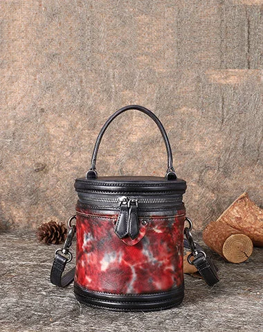 Ladies Bucket Bag Everyday Leather -Womens Red Leather Barrel Handbag Purses Vintage Handmade Round Shoulder Bag Bucket Crossbody Handbag for Women