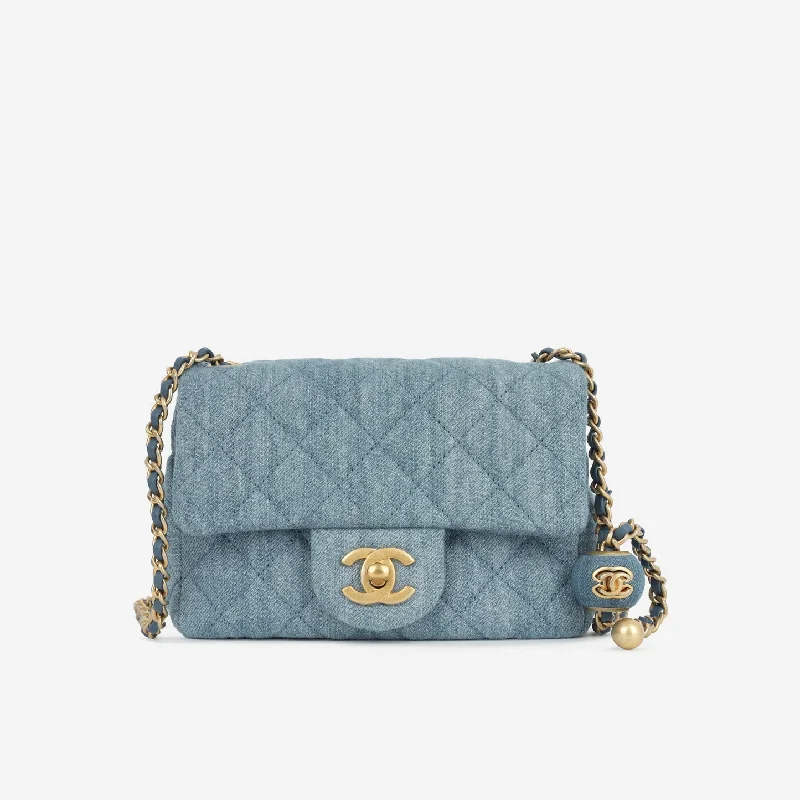 Ladies Handbag Geometric Print -Chanel Chanel - Mini Square Pearl Crush - Blue Denim AGHW - Pristine Condition