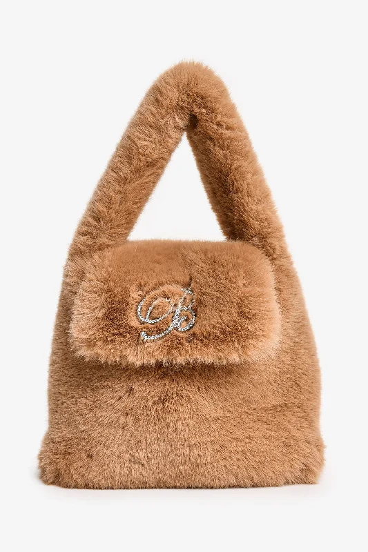 Ladies Handbag Subtle Canvas -Blumarine Brown Faux Fur Top Handle Bag