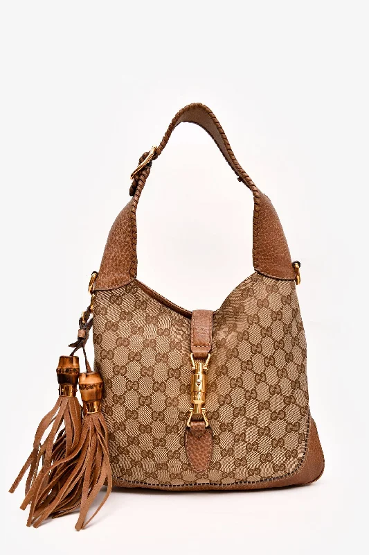 Ladies Handbag Weekend Getaway -Gucci Brown Leather/Canvas GG Supreme New Jackie 2 Way Shoulder Bag (As Is)