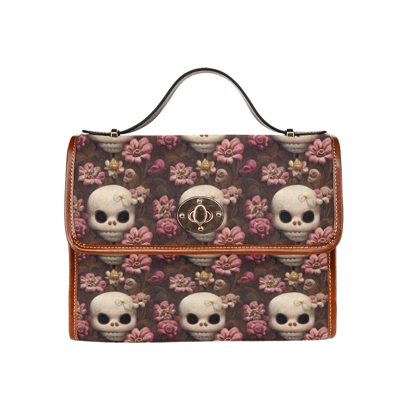 Cute Pink Flower Skull Waterproof Canvas Handbag