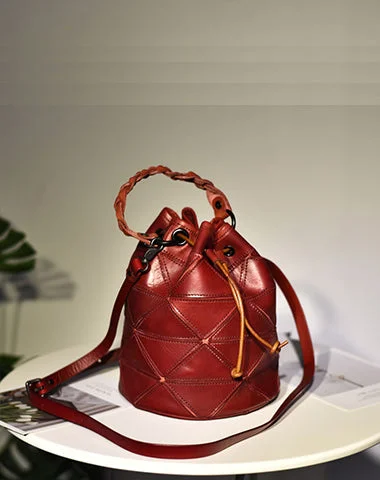 Ladies Bucket Bag Subtle Style -Womens Red Leather Bucket Shoulder Bag Purse Vintage Split Joint Barrel Round Handbag Crossbody Purse for Women