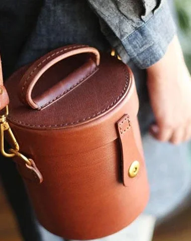 Ladies Bucket Bag Eco Leather -Fashion Small Womens Brown Leather Bucket Shoulder Bag Cute Bucket Handbag Round Shaped Purses for Ladies