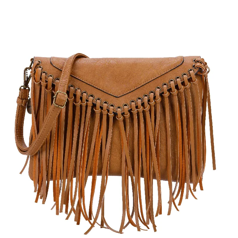 Ladies' crossbody bag pockets -Dallas Fringe Crossbody Bag - Light Brown