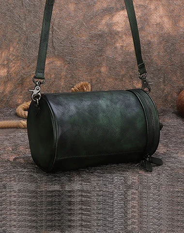 Ladies Bucket Bag Lightweight Chic -Womens Green Leather Barrel Shoulder Bag Purse Vintage Round Handbag Bucket Crossbody Purse for Women