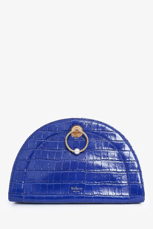 Ladies Handbag Daily Leather -Mulberry Blue Croc Embossed Crescent Clutch with Chain