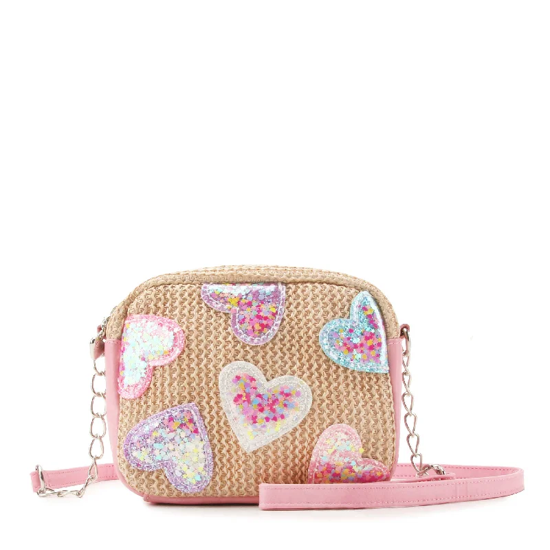 Ladies' crossbody bag statement -Confetti Heart Patched Straw Crossbody Bag