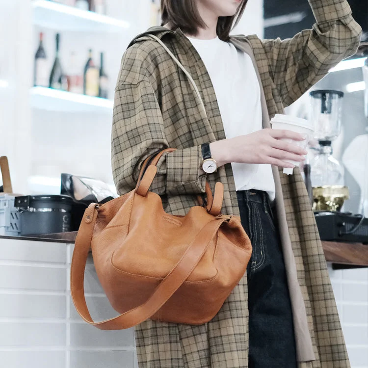 Ladies Bucket Bag Vintage Charm -Womens Genuine Leather Bucket Bags Brown Leather Crossbody Bag