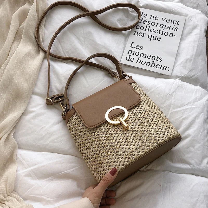 Ladies Bucket Bag Weekend Style -Small Straw Bucket Bags For Women 2019 Summer Crossbody Bags Lady Travel Purses and Handbags Female Shoulder Messenger Bag